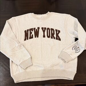 Men's Crewneck Sweater with NEW YORK Appliqué - Cream/Brown